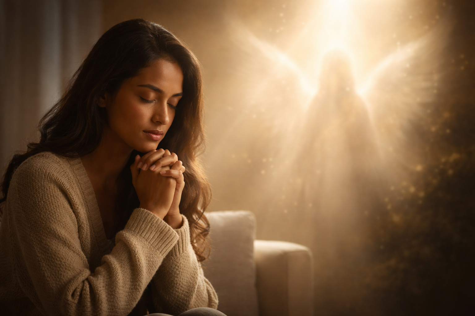 Peaceful prayer and ethereal light angel manifestation