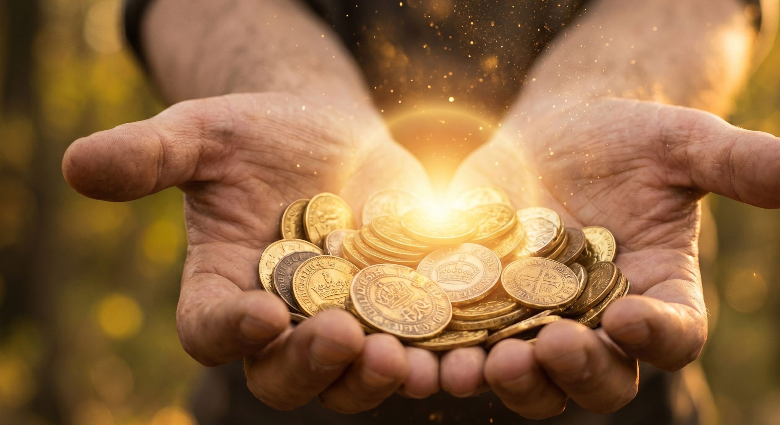 open hands abundance coins light Abundance mindset and wealth manifestation