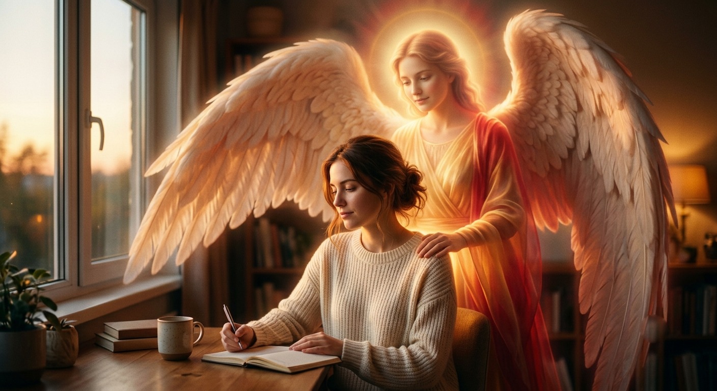 A gentle angel presence behind a person. Angel supporting root chakra healing and a sense of safety