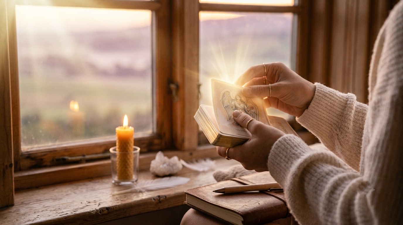 Angel Card Reading Meanings Hands shuffling and drawing an angel card